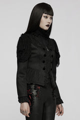 Black Gothic Lace Jacquard Double Row Velvet Button Metal Zip Back Lace Up Women's Jacket - Product - 2