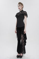 Black Chinese Style V-Neck Nail Drill Chest Stitching Mesh Raglan Sleeves Gothic Cheongsam Style Women's Slim T-Shirt - Product - 5