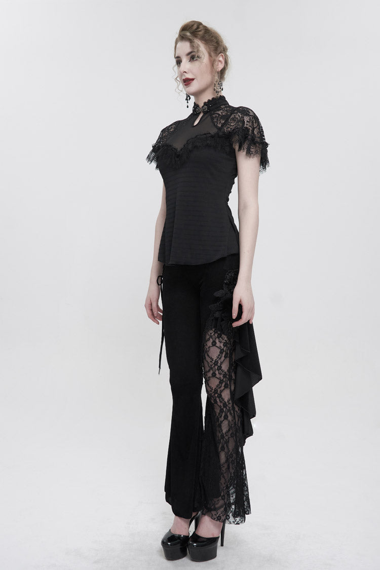 Black Chinese Style V-Neck Nail Drill Chest Stitching Mesh Raglan Sleeves Gothic Cheongsam Style Women's Slim T-Shirt - Product - 5
