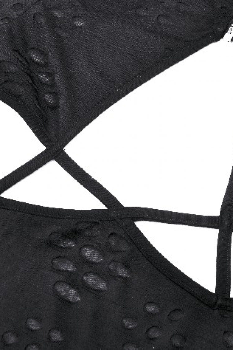 Black Long Sleeves Cut-Out Ripped Zippered Eyelets Women's Punk Distressed Top - Product - 16
