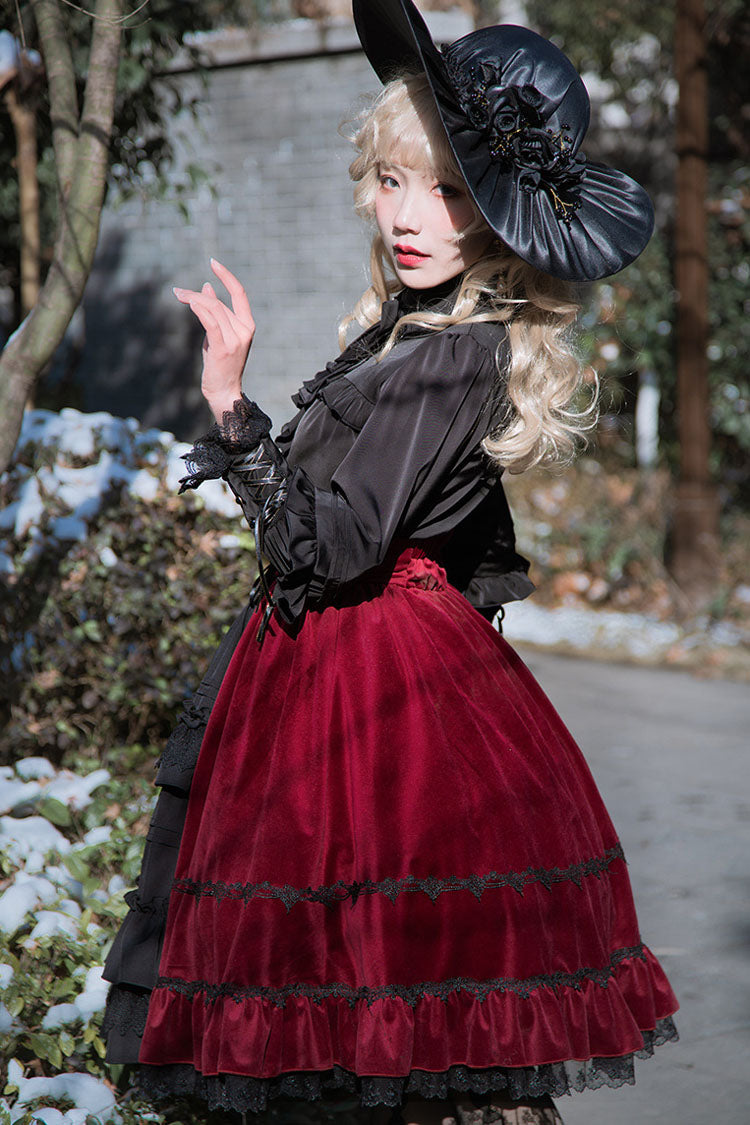 Black/Red Stitching Cardigan Ruffled Multi-Layer Gothic Lolita Skirt Dress - Product - 4