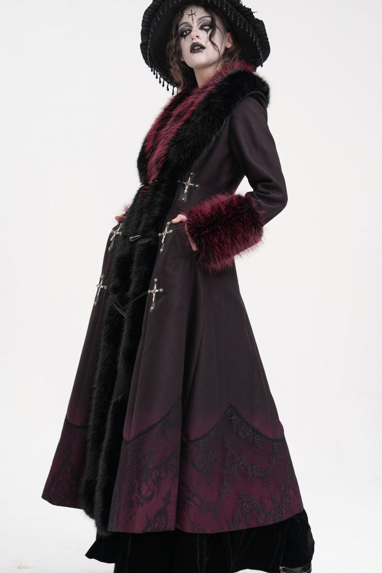 Black/Red Cross Long Sleeves Lace Women's Gothic Long Coat - Product - 9