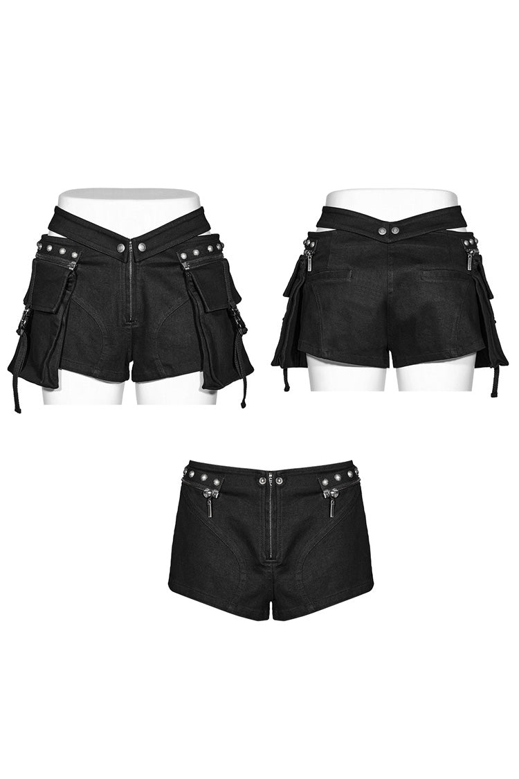 Black Pocket Rivet Buckle Women's Punk Shorts - Product - 5