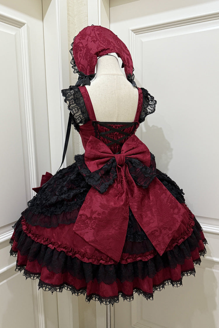 Black/Red [Rose Princess] Sleeveless Ruffle Bowknot Lace Lace-Up Gothic Ballet Lolita Jsk Dress - Product - 4