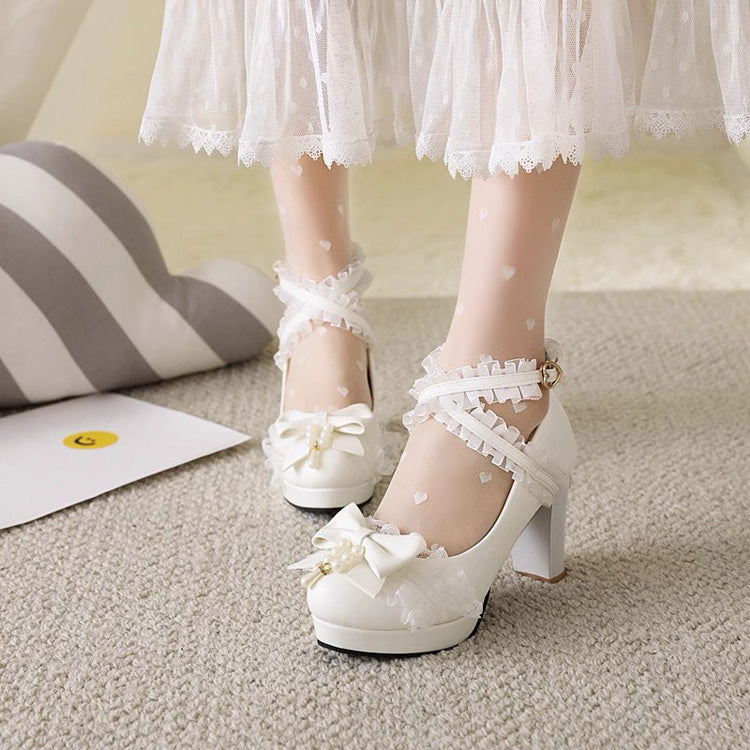 Sweet Lace Bowknot Princess Lolita Shoes 5 Colors - White - 2