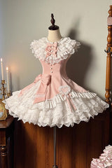 Pink [Miss Tsundere] Sleeveless Multi-Layered Ruffle Bowknot Lace Asymmetric Sweet Princess Lolita Dress - Pink - 1