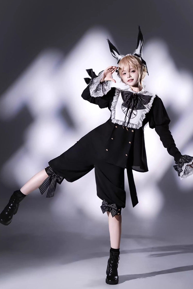 Black/White [Rabbit Hole] Long Sleeves Bow Gothic Prince Ouji Lolita Set - Product - 2