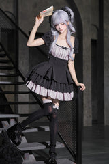 Classic Square Collar Halterneck Short Sleeves Triple-Layered Printed Ruffled Bow Cool Lolita Dress Set 2 Colors(Black, Grey) - Product - 12