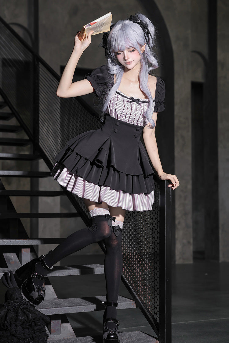 Classic Square Collar Halterneck Short Sleeves Triple-Layered Printed Ruffled Bow Cool Lolita Dress Set 2 Colors(Black, Grey) - Product - 12