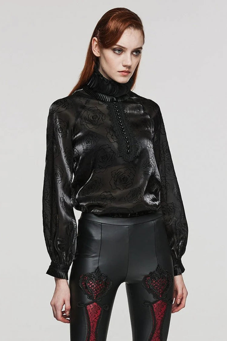 Black Stand Collar Long Lantern Sleeves Rose Print Hook-Button Womens Gothic Blouse - Product - 2