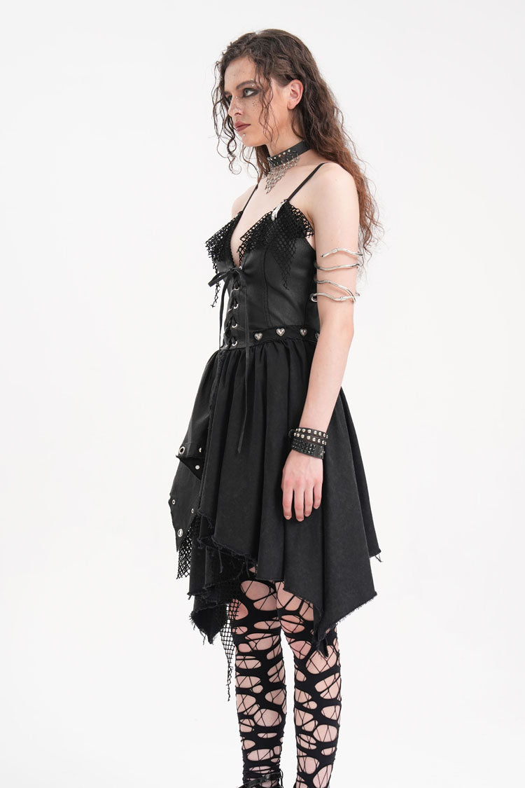 Black Sleeveless Lace Irregular Mesh Women's Gothic Slip Dress - Product - 3
