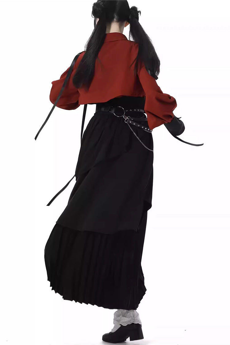 Red/Black [Moonlight Flowing] Long/Short Sleeves Ruffled Asymmetric Gothic Jirai Kei Skirt Set - Product - 9