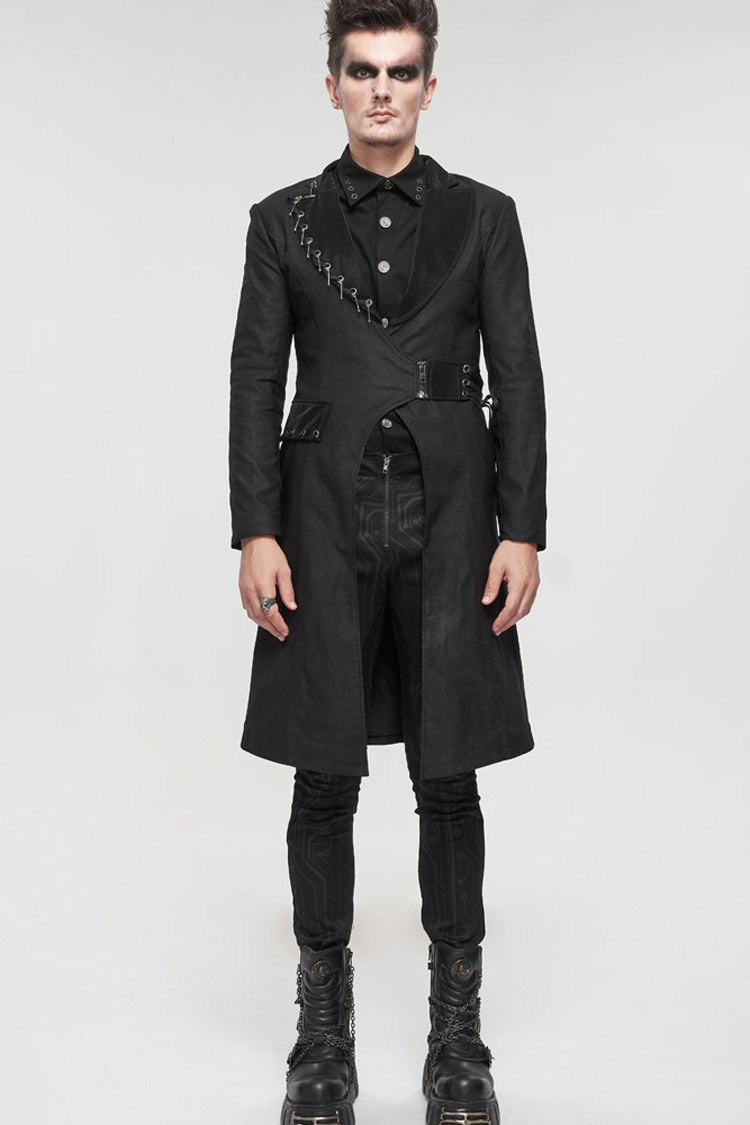 Black Punk Twill Imitation Leather Metal Pin Decoration Drawstring Design Long Men's Coat - Product - 4