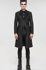 Black Punk Twill Imitation Leather Metal Pin Decoration Drawstring Design Long Men's Coat - Product - 4