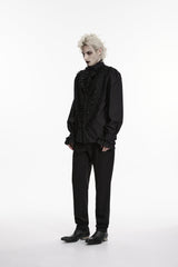 Black Stand Collar Long Puff Sleeves Embroidered Lace Men's Shirt - Product - 6