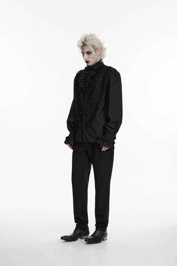 Black Stand Collar Long Puff Sleeves Embroidered Lace Men's Shirt - Product - 6