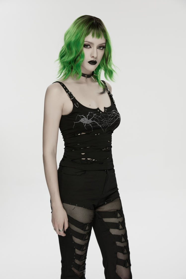 Black Off Shoulder Slim Ripped Buckled Women's Punk Spiders&Web Printed  Vest - Product - 6