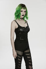 Black Off Shoulder Slim Ripped Buckled Women's Punk Spiders&Web Printed  Vest - Product - 6
