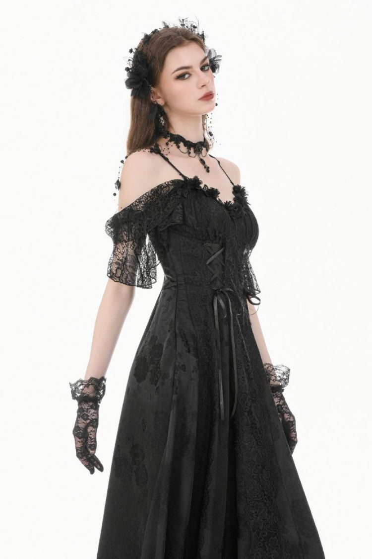Black Off Shoulder Lace Flutter Sleeves Jacquard Side Corset Lace-Up Women's Gothic Slip Dress - Product - 7
