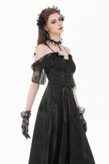 Black Off Shoulder Lace Flutter Sleeves Jacquard Side Corset Lace-Up Women's Gothic Slip Dress - Product - 7