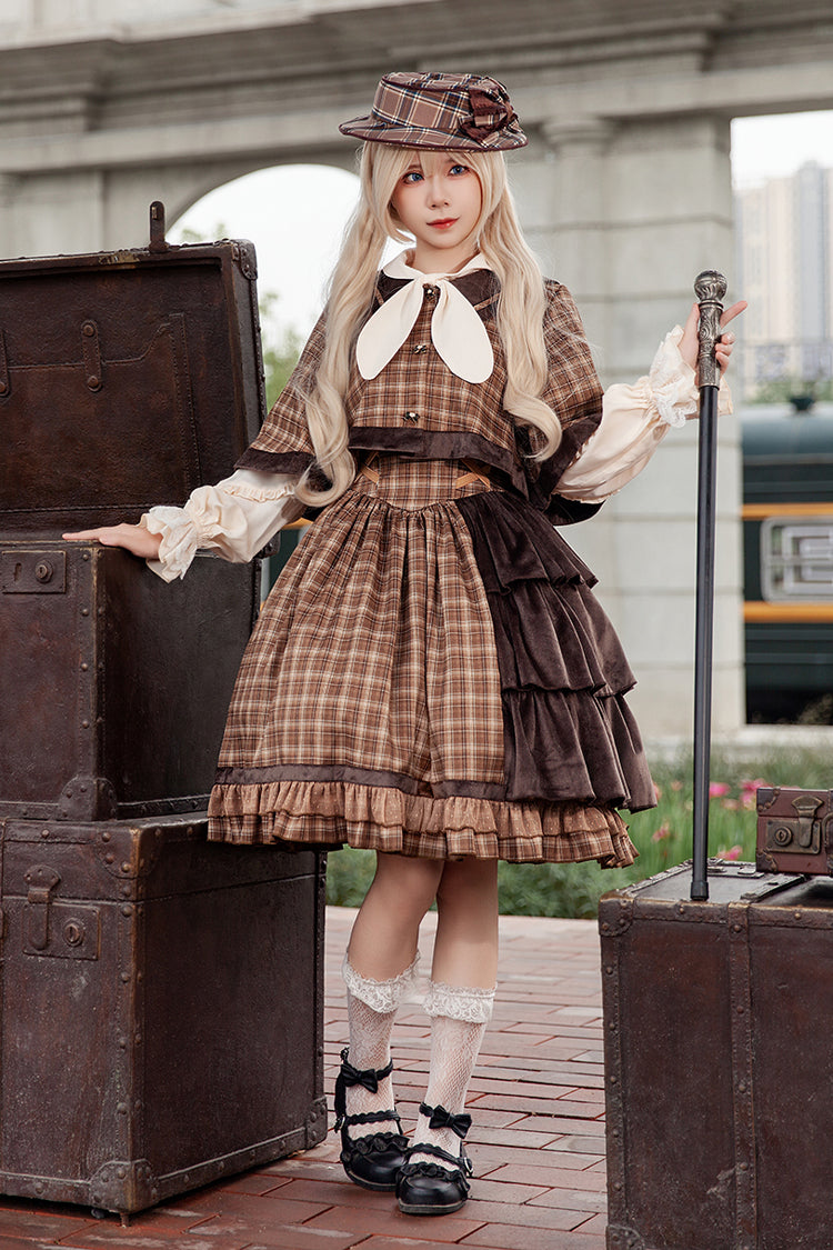 Brown [Morning Tune] Sleeveless High Waisted Print Ruffle Asymmetric Sweet Lolita Strap Dress - Product - 6