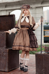 Brown [Morning Tune] Sleeveless High Waisted Print Ruffle Asymmetric Sweet Lolita Strap Dress - Product - 6