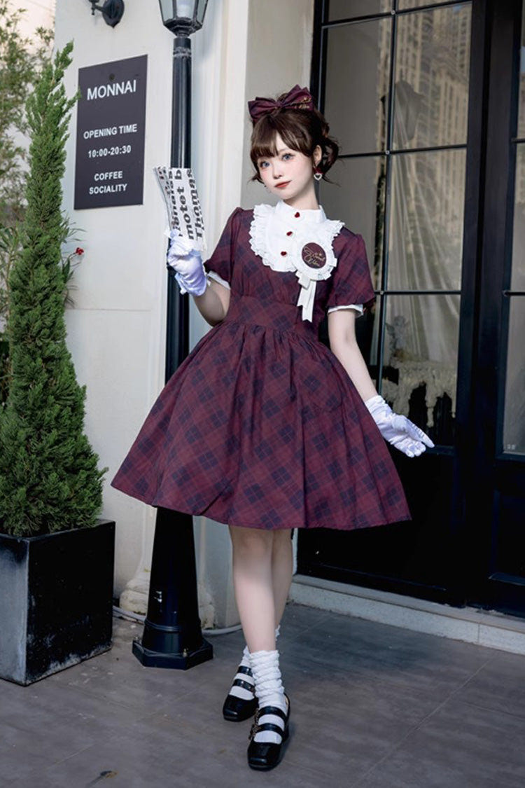 Showa Girls Summer Plaid Print Daily Short Sleeves Classic Princess Lolita Dress 2 Colors - Product - 4