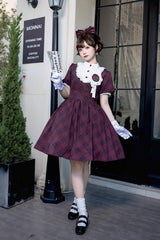 Showa Girls Summer Plaid Print Daily Short Sleeves Classic Princess Lolita Dress 2 Colors - Product - 4