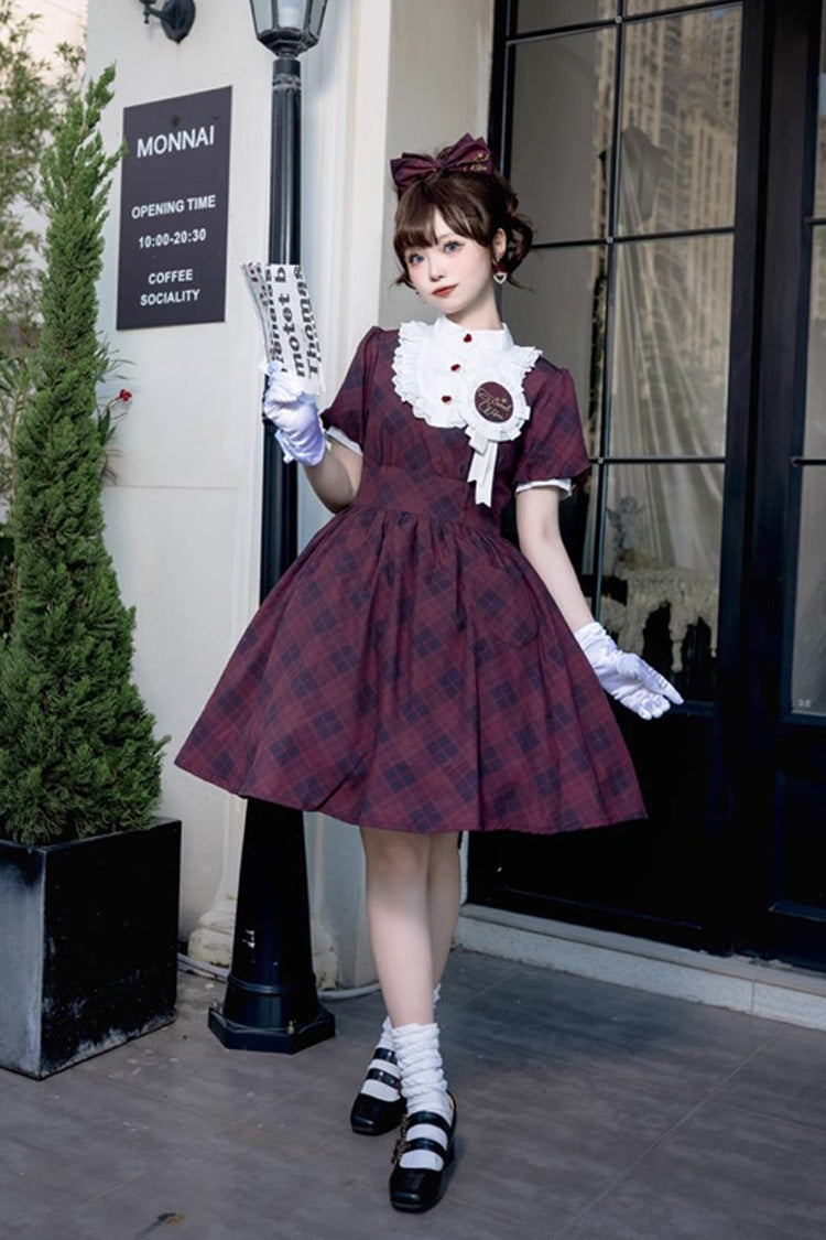 Showa Girls Summer Plaid Print Daily Short Sleeves Classic Princess Lolita Dress 2 Colors - Product - 4