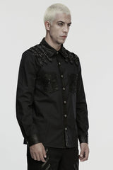Black Lapel Collar Long Sleeves Stitching Buckle Straps Men's Punk Blouse - Product - 2