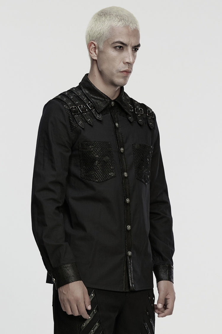 Black Lapel Collar Long Sleeves Stitching Buckle Straps Men's Punk Blouse - Product - 2