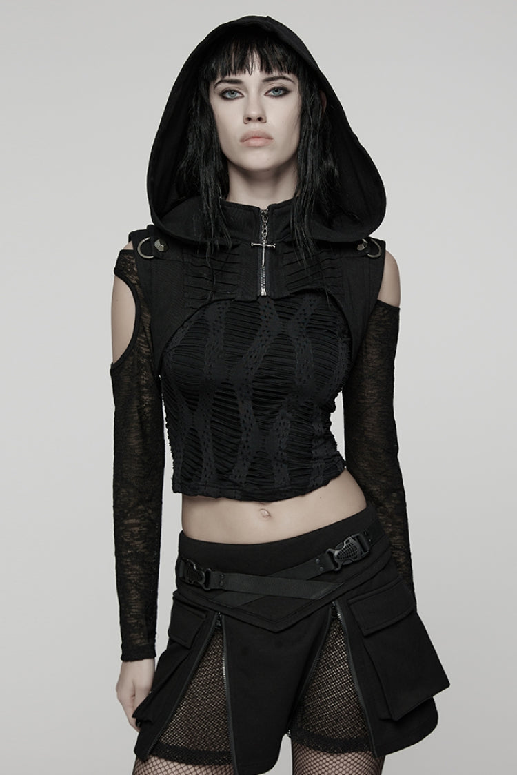 Black Stand Collar Sleeveless Hooded Zipper Pleated Women's Punk Short Vest - Black - 1