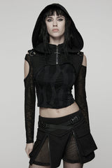 Black Stand Collar Sleeveless Hooded Zipper Pleated Women's Punk Short Vest - Black - 1