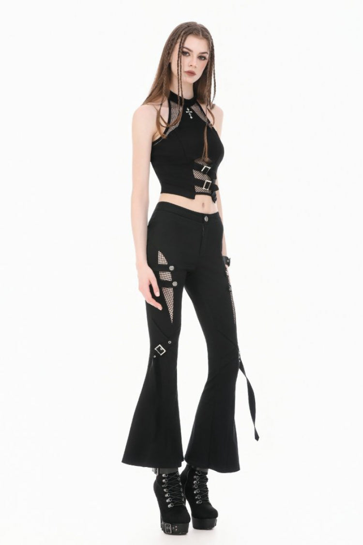 Black Women's Punk Buckled Straps Cut-Out Sheer Mesh Patchwork Flare Pants - Product - 10