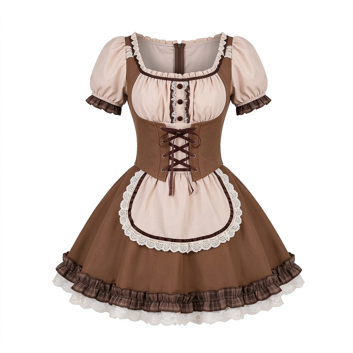 Brown and Beige Ruffled Lolita Dress with Lace-Up Vest Accent