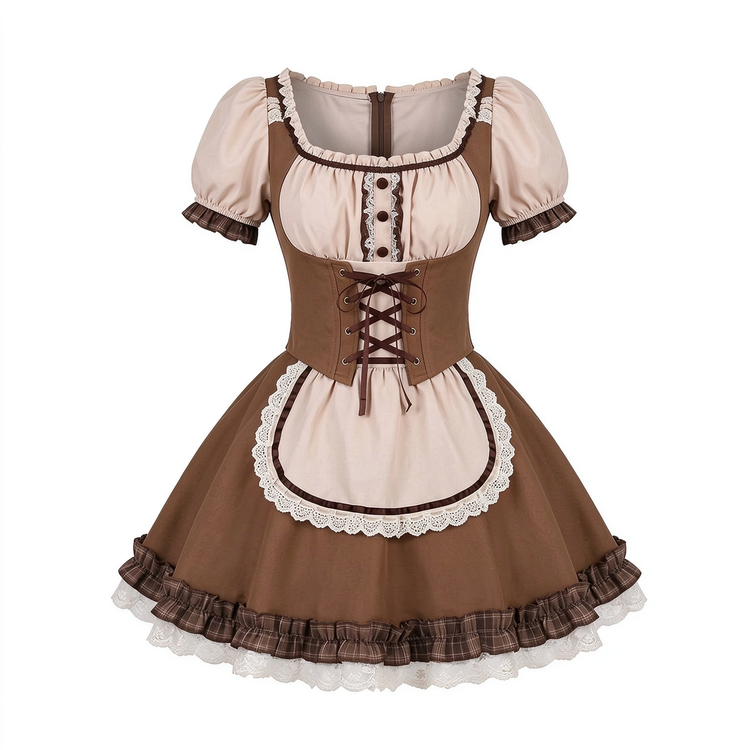 Brown and Beige Ruffled Lolita Dress with Lace-Up Vest Accent