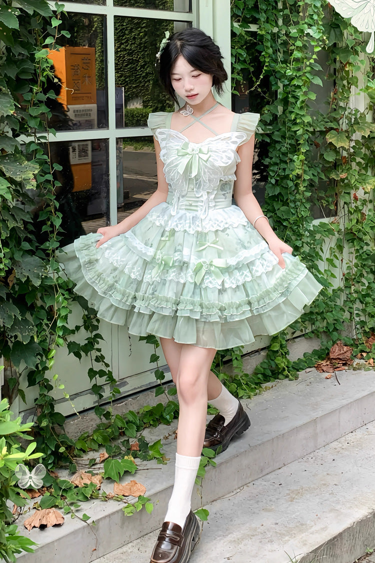 Green [Promise of the Blooming Season] Print Ruffle Bowknot Lace Sweet Princess Lolita Jsk Dress - Product - 4