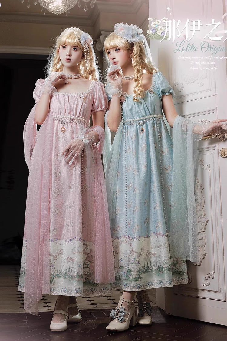 Pink [Spring of Nai] Square Collar Short Sleeves Print Pearl Sweet Elegant Lolita Dress - Product - 2