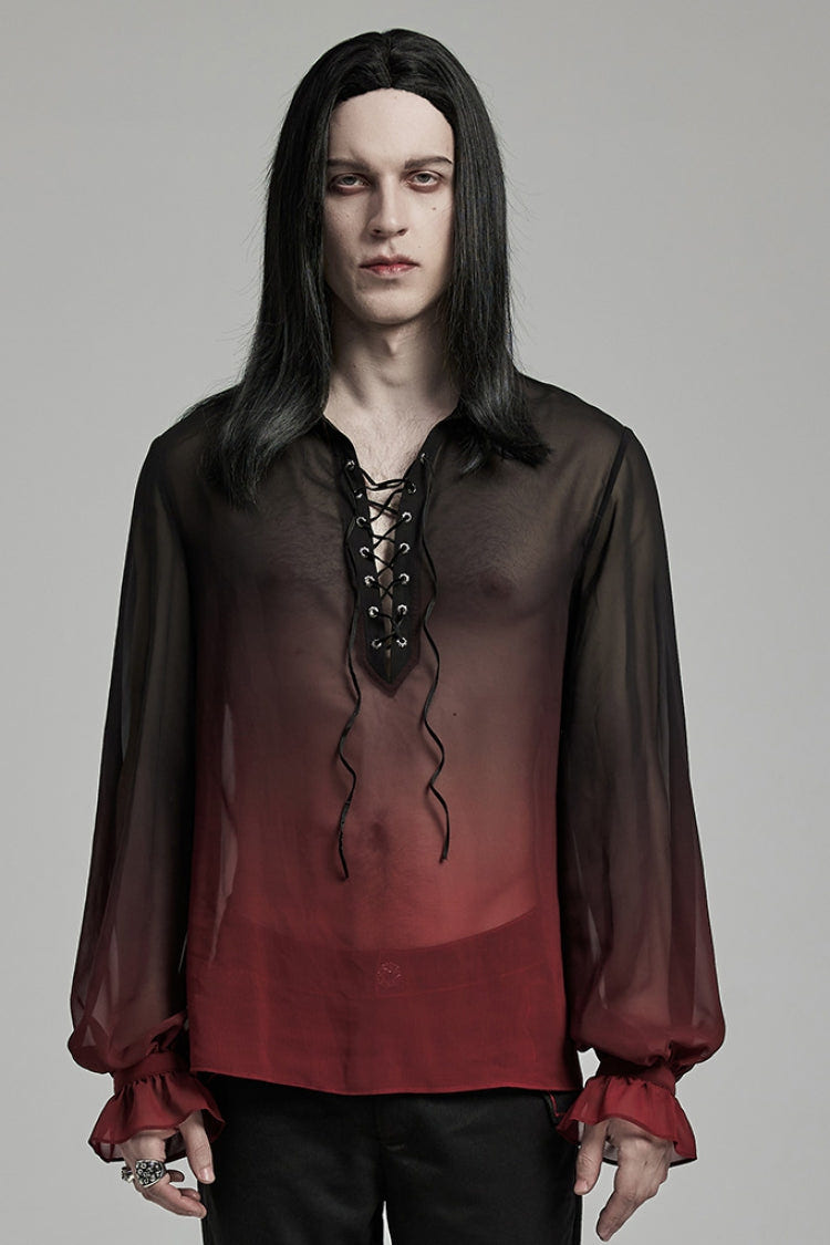 Black/Red Lapel Collar Gradient Sheer Men's Gothic Blouse - Black/Red - 1