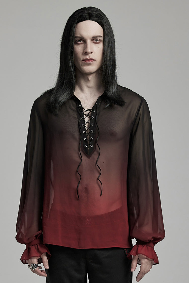 Black/Red Lapel Collar Gradient Sheer Men's Gothic Blouse - Black/Red - 1