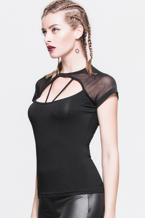Black Hollow Out Short Sleeves Mesh Shawl Lace Up Women Punk T-Shirt - Product - 4
