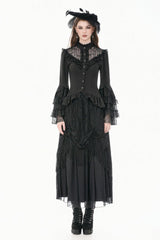 Black Stand Collar Long Trumpet Sleeves Multi-Layered Ruffled Lace Patchwork Lace-Up Women's Victorian Gothic Blouse - Product - 9