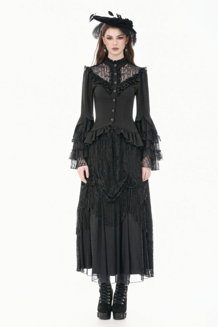 Black Stand Collar Long Trumpet Sleeves Multi-Layered Ruffled Lace Patchwork Lace-Up Women's Victorian Gothic Blouse - Product - 9