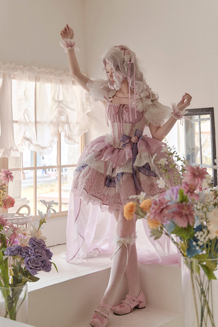 Pink/Purple [Rose Memoirs] Sleeveless Multi-Layered Bowknot Lace Sweet Lolita Skirt Set - Product - 6