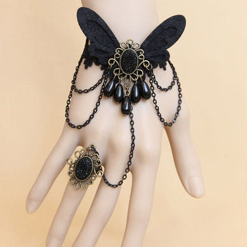 Black Lace Retro Female Gothic Lolita Bracelet Ring - Black - 1