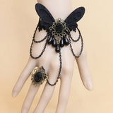 Black Lace Retro Female Gothic Lolita Bracelet Ring - Black - 1
