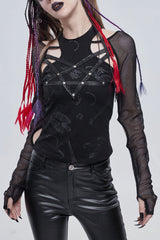 Black Pentagram Leather Striped Long Sleeve Women's Gothic T-Shirt - Black - 1
