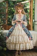 Blue [Lilica Garden] Lapel Collar Short Trumpet Sleeves Ruffled Open-Front Bow Lace Sweet Elegant Luxurious Lolita Dress - Blue - 1