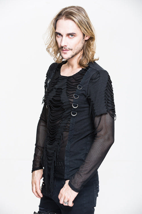 ブラック ニット ダイヤモンド メッシュ メンズ パンク T シャツ リボン付き 商品画像