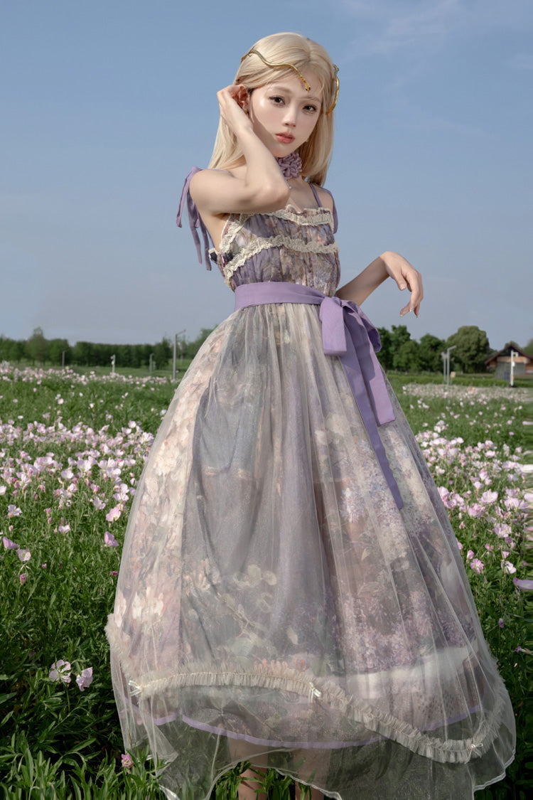 Purple [Oil Painting – In the Shade of Blossoming Trees] Sleeveless Print Ruffle Bowknot Lace Sweet Lolita Jsk Dress - Product - 2